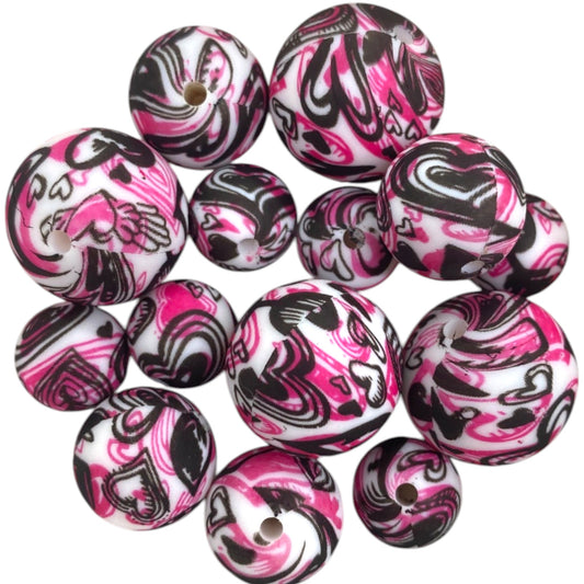 SILICONE BEADS - BLACK AND PINK HEARTS