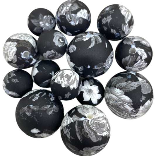 SILICONE BEADS - BLACK AND WHITE FLOWERS