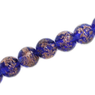 12 MM ROUND GLASS BEADS DARK BLUE / COPPER FLECKS- 15 PCS