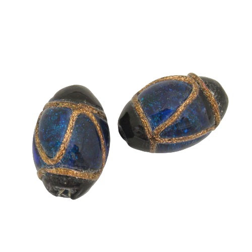 15 X 10 MM GLASS OVAL BEAD BLUE BLACK COPPER - 1 PC