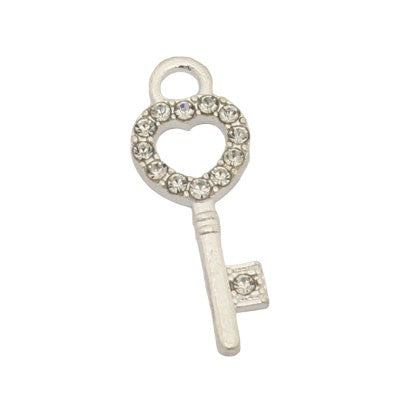 HEART KEY CHARM 24 MM SILVER WITH RHINESTONES - 8 PCS