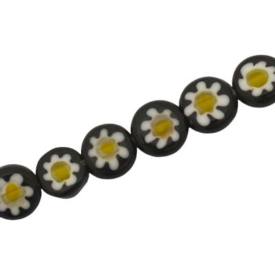 8 MM FLAT ROUND MILLEFIORI BEADS BLACK / WHITE /  YELLOW - 48 PCS