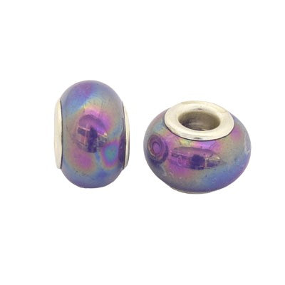 14 MM (5 MM HOLE) LARGE HOLE BEADS - PURPLE OIL SLICK - 10 PCS