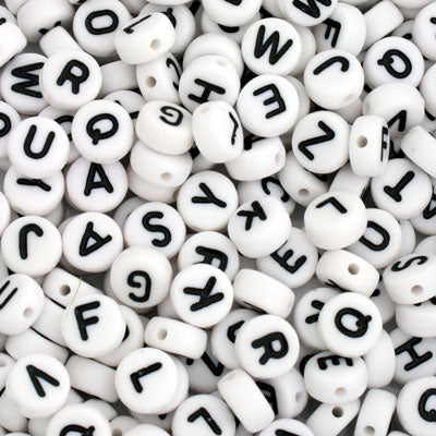 7 X 4 MM ALPHABET BEADS WHITE WITH BLACK LETTERS  - 110 PCS