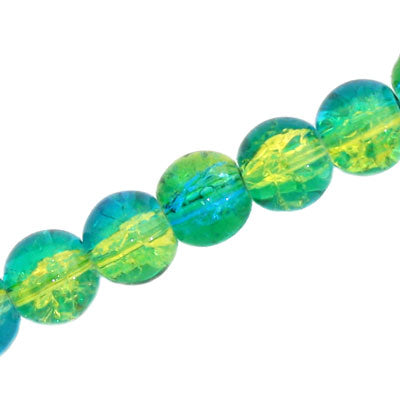 12 MM ROUND GLASS CRACKLE BEADS AQUA / YELLOW - 65 PCS