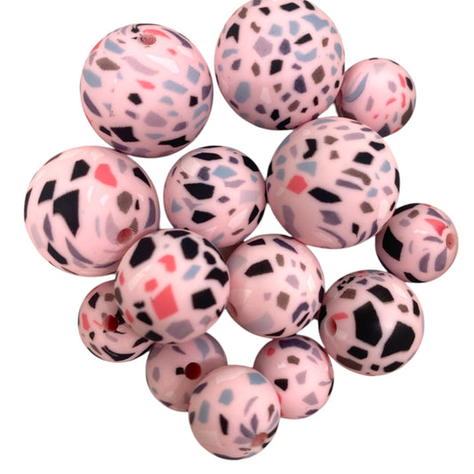 SILICONE BEADS - PRINTED PINK TERRAZZO